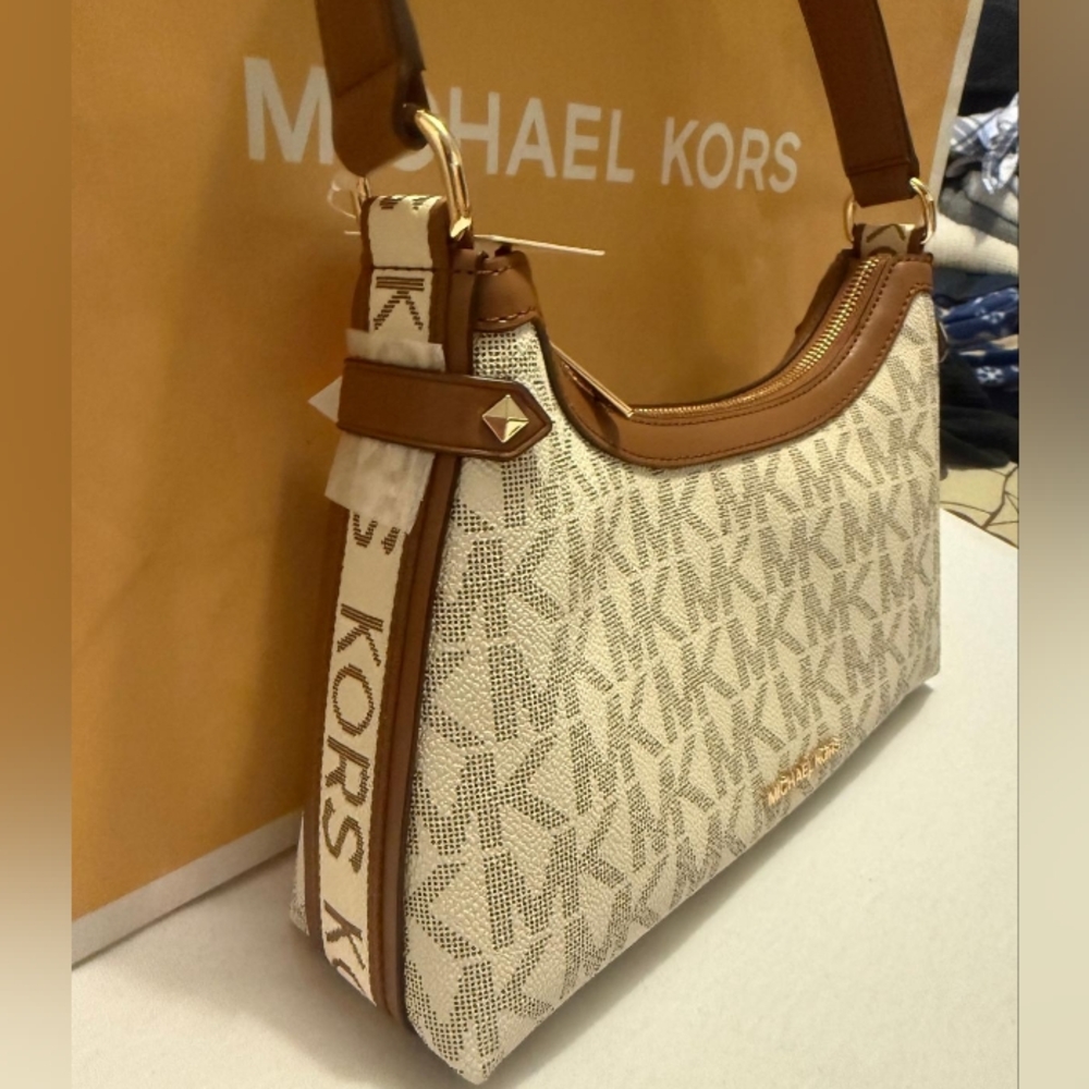 Michael Kors Beige Logo Canvas Shoulder Bag with Brown Trim